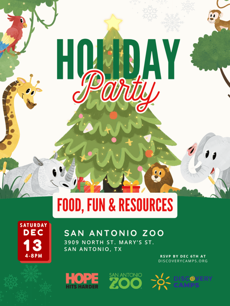 Discovery Camps Holiday Party poster featuring zoo animals around Christmas tree. Event details: Saturday December 13, 4-8pm at San Antonio Zoo. Free food, fun and resources for childhood cancer families. Partnership with Hope Hits Harder Cancer Foundation.